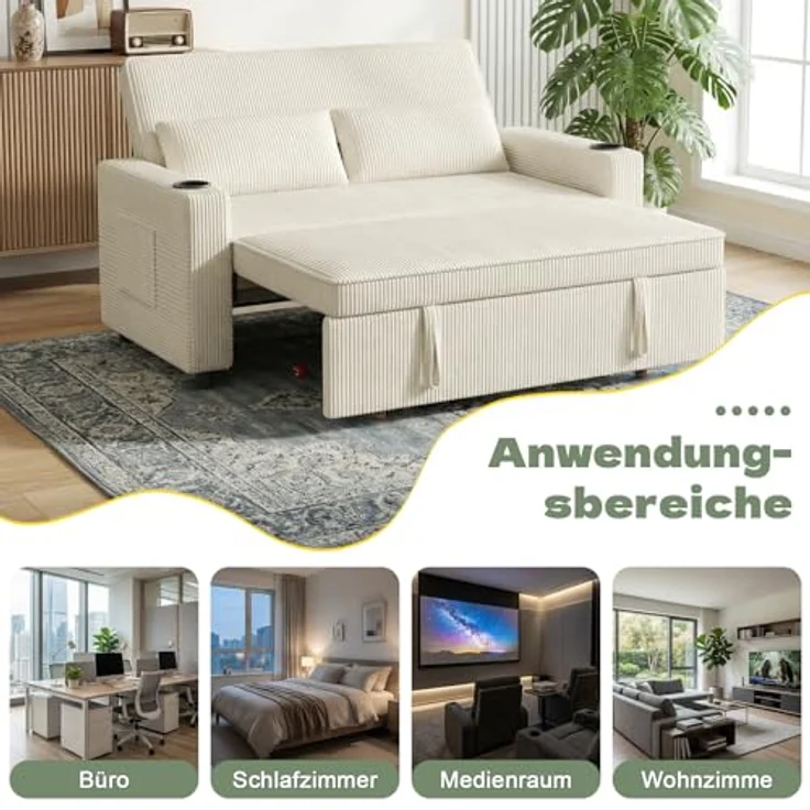 JUMMICO Schlafsofa 2 Sitzer klein Sofa mit Schlaffunktion Schlafcouch Ausziehbar mit Kissen Couch Cord-Bezug mit Getränkehalter Klappsofa Für Wohnzimmer Schlafzimmer,75 x 160 x 100 cm,Grau – Bild 8