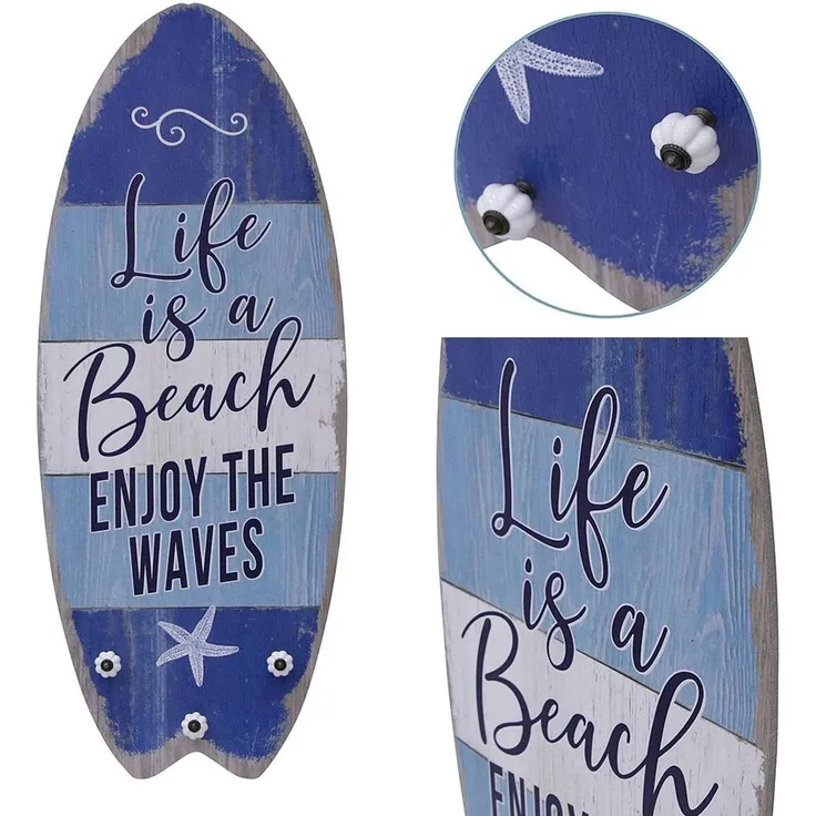 100cm Planke Surfboard mit Kleiderhaken Holz Surfbrett Wandbild Life Is A Beach