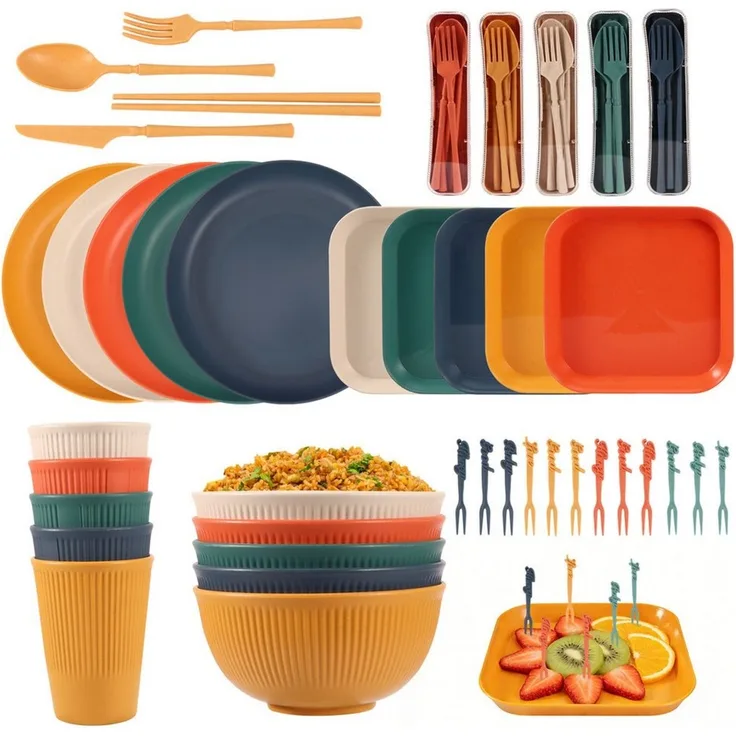 BlingBin Geschirr-Set 24 Teiliges Unzerbrechliches Camping Geschirr Set für 5-6 Personen (24-tlg), 6 Personen, Kunststoff, Kunststoff Servierteller Schüsseln Besteck für Party,Zuhause,Picknick