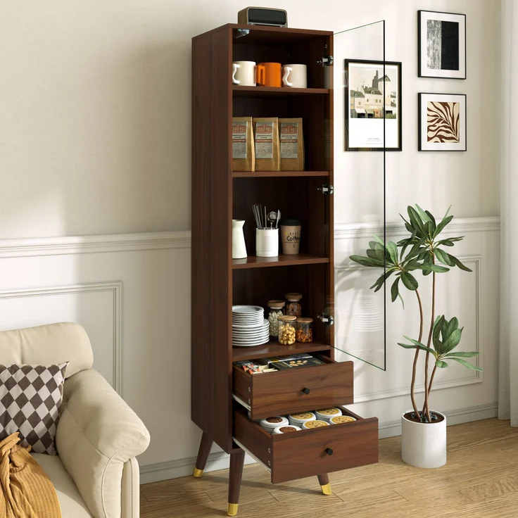 Vitrinenschrank aus MDF in Nussbaumoptik mit Glastür und 2 Schubladen,H 160 x T 39.8 x B 35 cm – Bild 3