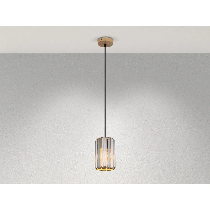 Hängeleuchte, Holzoptik, Kristalle rauch, H 120 cm