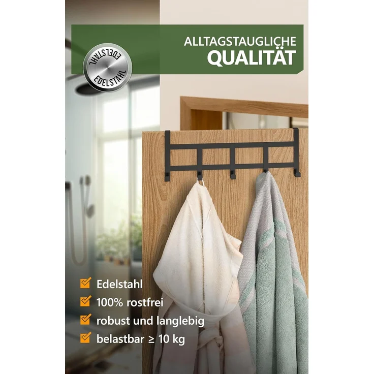 4smile Türgarderobe zum Einhängen - Universelle Türhaken für deutsche Türen, Kleiderhaken Tür - Stabile Türhakenleiste, Haken zum Einhängen als Ordnungshelfer, Fb. Schwarz – Bild 5