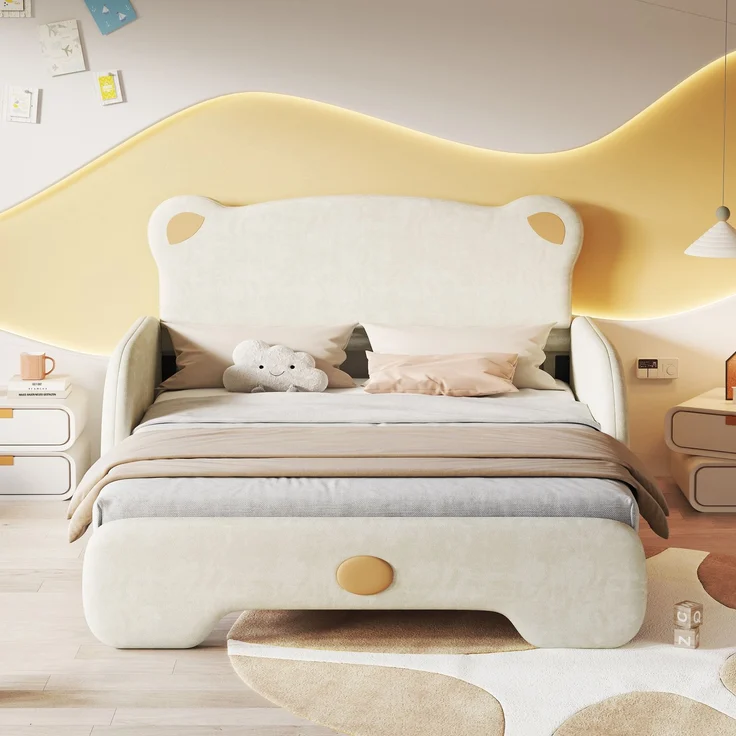 Polsterbett in Bärenform 140x200 cm, Kinderbett und Tagesbett mit Ausziehbett, weichen Schutzkanten und Samtbezug, Beige – Bild 2