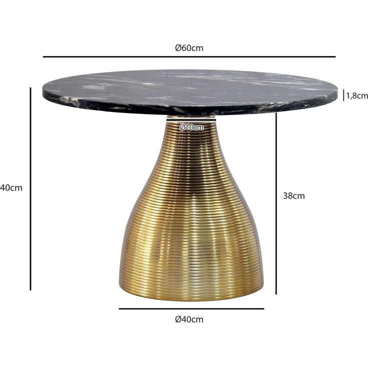 Couchtisch Metall mit schwarzer Marmor Tischplatte 60cm Rund - Moderner Wohnzimmertisch Aluminium Gold - Design Sofatisch Alu - Loungetisch Rillenoptik - Edler Beistelltisch Handmade – Bild 3