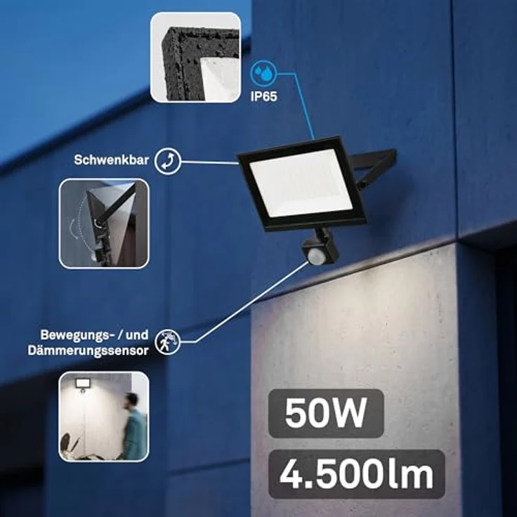 BRILONER - LED Strahler außen mit Bewegungsmelder, 50W 4500lm, Schwenkbar, IP65 Staub- und Strahlwasserschutz, Neutralweiß, Fluter, Flutlicht, Außenstrahler, Scheinwerfer, 17,5 x 21 x 4 cm, Schwarz – Bild 2