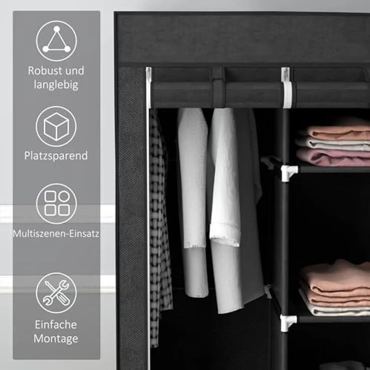 HOMCOM Stoffschrank Kleiderschrank mit Kleiderstangen und Schubladen (Faltbare Garderobe, 1-St, Faltschrank) Schwarz, 125 x 43 x 162,5 cm – Bild 6
