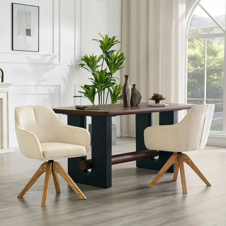 360° drehbarer Esszimmerstuhl mit Massivholzbeinen im 2er-Set, Bezogen mit beigem Stoffpolster, Schaumstoffsitz, ergonomisch geformte Rückenlehne, moderner, leicht luxuriöser Esszimmerstuhl.--Weiß, Holz--58x46x82cm--YOUDENOVA – Bild 1