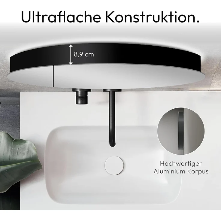 Talos Picasso Style Spiegelschrank schwarz Ø 60cm - mit hochwertigem Aluminiumkorpus - Modernes Badezimmermöbel mit austauschbarer LED Beleuchtung - Badspiegel mit praktischem – Bild 8
