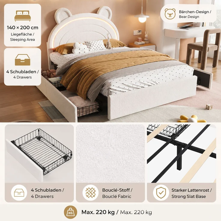 Abrihome Kinder-Polsterbett 140x200 cm, Beige, Bären-Kopfteil, 4 Schubladen, App-LED, 220 kg – Bild 9