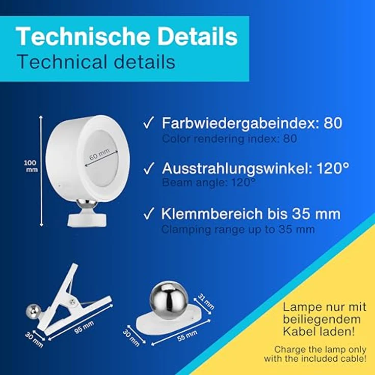 REV Wandleuchte Akku - 150lm, dimmbar, 360° drehbar | Wandleuchte innen ohne Stromanschluss - ideal für Flur, Schlaf- & Wohnzimmer, weiß – Bild 5