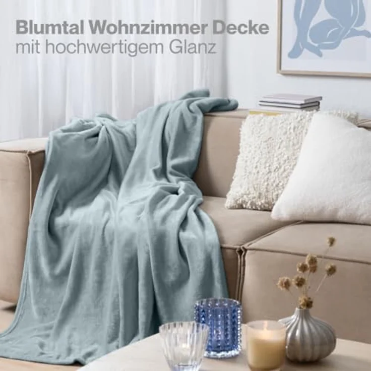 Blumtal Kuscheldecke flauschig - Oeko-TEX zertifizierte Fleecedecke 130x150 cm - Wohndecke 130x150 cm - Decke Couch als Wohn- & Kuscheldecke - Flauschdecke - Wohndecke Kuscheldecke 130x150 cm Hellbau – Bild 7