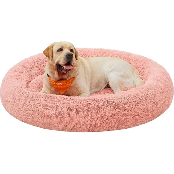Feandrea Hundebett flauschig, Katzenbett, Donut Kissen, waschbar, Polsterung in der Mitte herausnehmbar, Langer Plüsch, 120 cm Durchmesser, rosa PGW043R01 – Bild 1