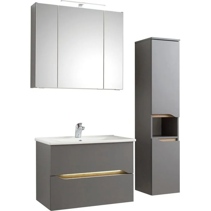 Saphir Badmöbel-Set Quickset 3-teilig, Keramik-Waschtisch und LED-Spiegelschrank, (5-St), mit Midischrank, 2 Türen, 1 Nische, 2 Schubladen, inkl. Türdämpfer – Bild 3