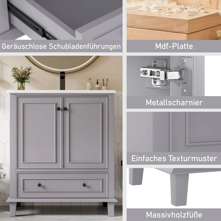 Badezimmerschrank 76 x 46 x 87 cm mit Keramikbecken, viel Stauraum & Massivholzbeinen – Moderner Waschtischschrank,Grau – Bild 7