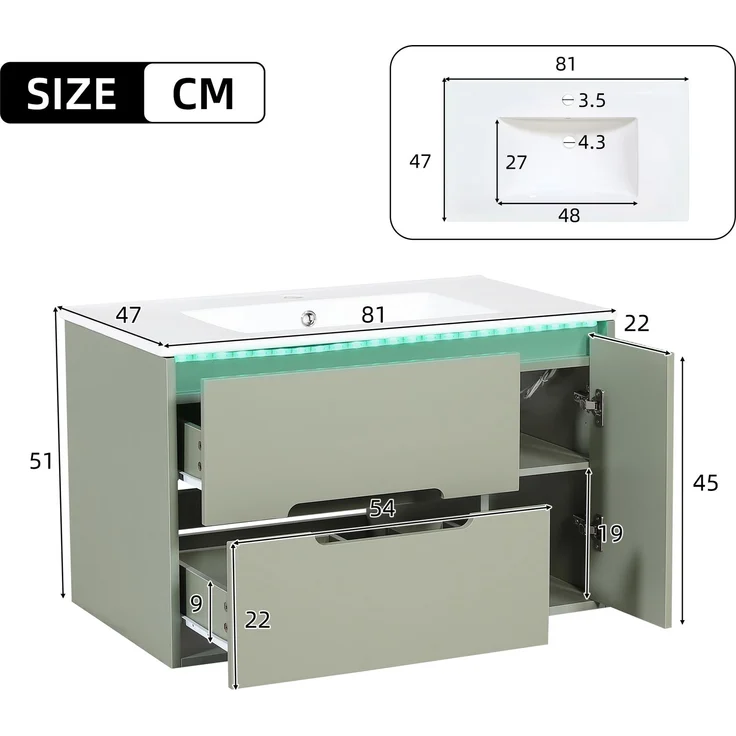 Wandmontierter Waschbeckenunterschrank 81 x 47 x 51 cm aus MDF mit Keramikbecken, LED und Wellenmuster – Bild 4