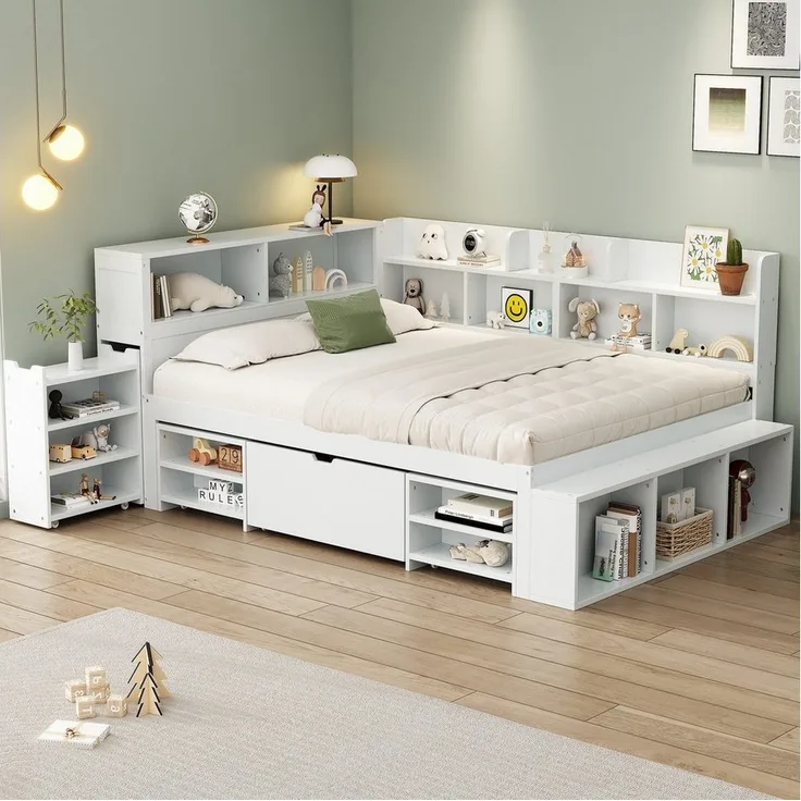 Odikalo Kinderbett Einzelbett 90x200 140x200 mit Stauraum (Kinderbett, 90x200 cm / 140x200 cm, Einzelbett, multifunktionales Kinderbett mit Schubladen, Bücherregal und Stauschrank, großer Stauraum, Lattenrost, ohne Matratze, weiß)