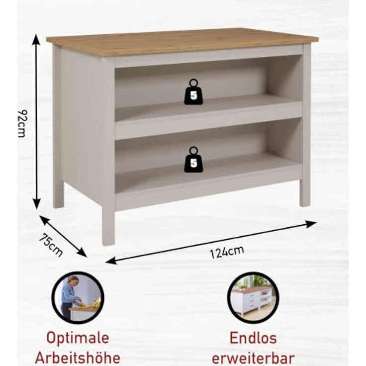 Inter Link - Kücheninsel - Mittelinsel - Arbeitsplatte - Küchenschrank mit Regalen - Melaminbeschichtet - Länge 124cm - Höhe 91,5 cm - Tiefe 75 cm - Emmilia - Cashmere Eiche Artisan – Bild 6