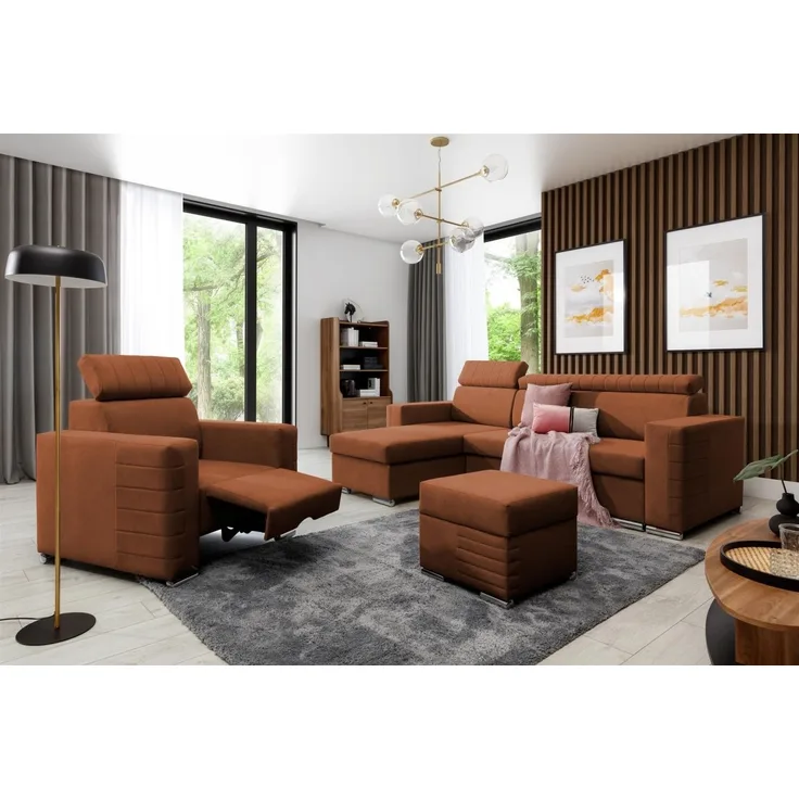 Ecksofa inkl. Hocker und Sessel CANTON Stoff Camelia Rostbraun Ottomane Links