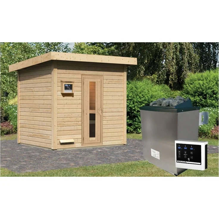 Karibu Sauna Hytti 3 naturbelassen mit 9 kW Ofen mit externer Steuerung – Bild 1