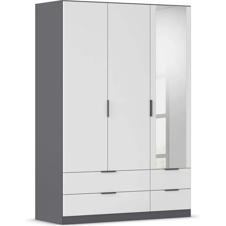 Rauch Möbel Lagoa, Kleiderschrank, Garderobe für Schlafzimmer, Kinderzimmer, Jugendzimmer 3-türig mit Spiegel, 4 Schubladen, mit Zubehör Basic, Farbe Weiß/Grau metallic, Schwarz, Breite 136 cm – Bild 1