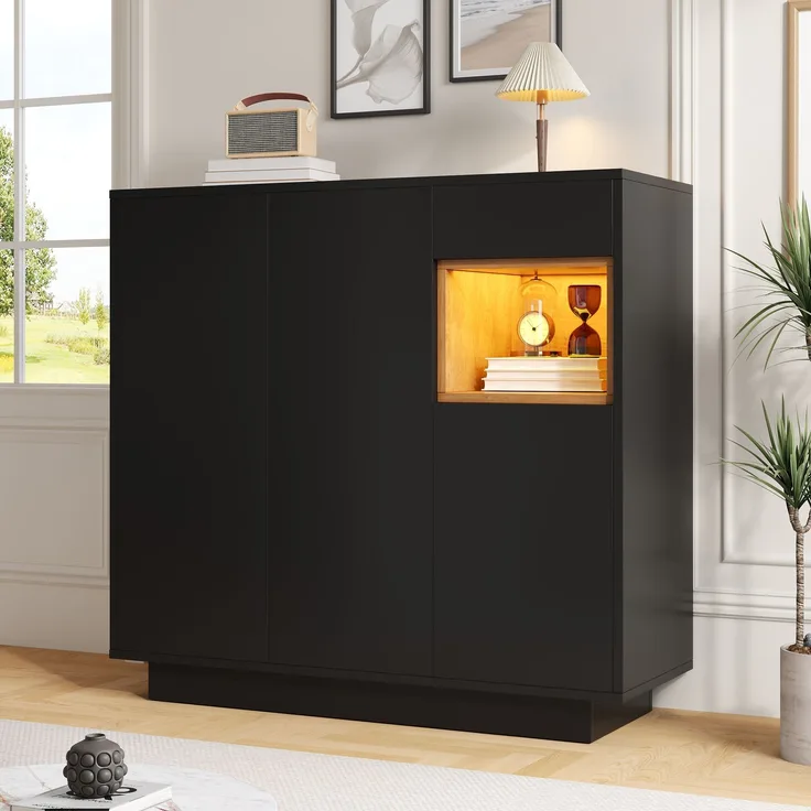 Schuhschrank 105x39,5x100,5cm mit LED, verstellbare Regale, offene Holzfächer, Schublade, Kippschutz,Schwarz