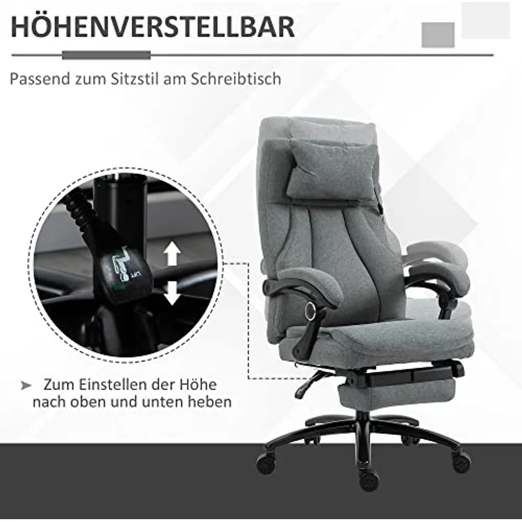 Vinsetto Bürostuhl Massage mit Fußstütze, ergonomisch, höhenverstellbar, 64 x 74 x 109-117 cm – Bild 5