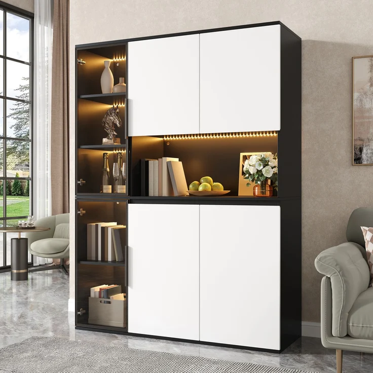 Hochschrank, Vitrine, Highboard, Anrichte, Schwarz-Weiß Optik, Glaselemente, integrierte LED-Leuchten, MDF-Korpus, geräumiger Stauraum, Esszimmerschrank, Wohnzimmerschrank--Schwarz, Weiß--120x40x160cm--YOUDENOVA – Bild 5