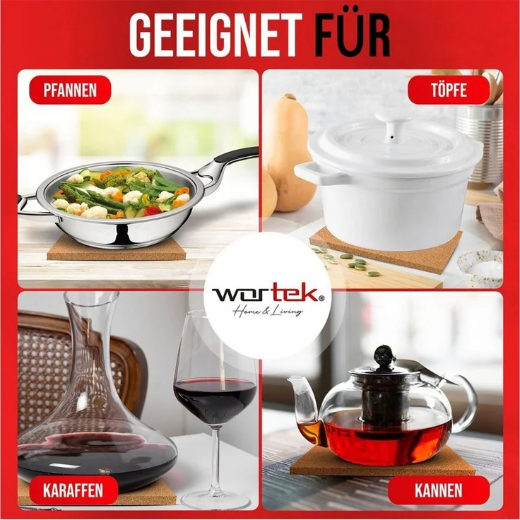 wortek Topfuntersetzer Kork Untersetzer Pfannen Töpfe Teller Gläser Unterlage, Zubehör für Töpfe und Pfannen und Teller und Vasen & Co, Set, 4-tlg, eckig – Bild 2