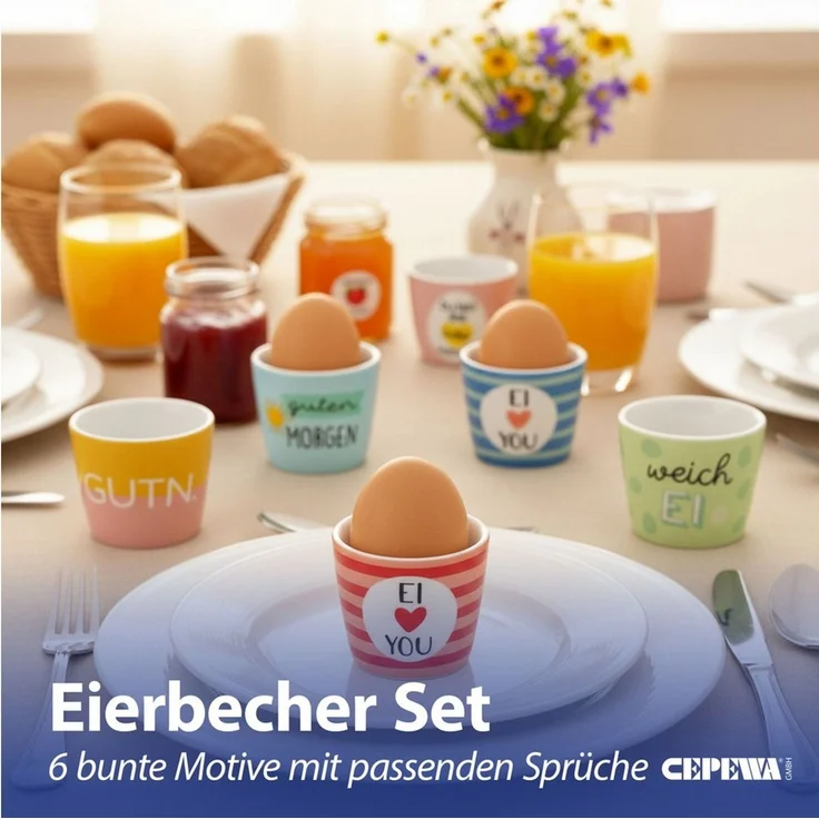 CEPEWA Eierbecher Eierbecher 6er Set 6 Motive Steingut bunt 5x4cm Gute Laune Sprüche – Bild 3