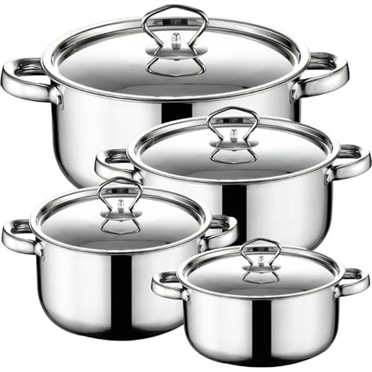 Retoo Topf-Set OR205, 15-teiliges Kochgeschirr-Set aus Edelstahl mit 4 Töpfen, 1 Pfanne, 6 Glasdeckeln und Küchenhelfern, Silber, für alle Herdarten – Bild 3