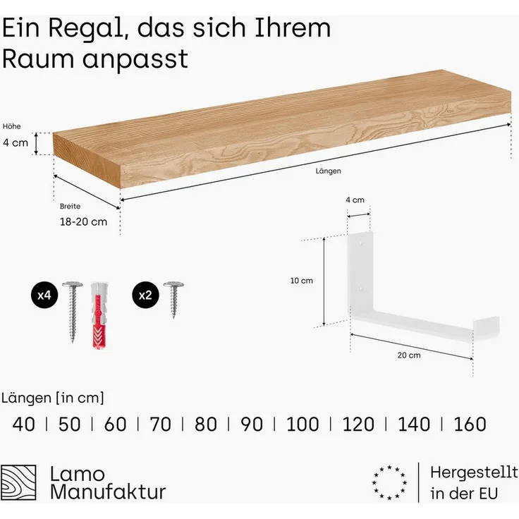 LAMO Manufaktur Wandregal Holz, Dunkles Industrial Design, 40 cm, 40mm Massivholzplatte, Komplett-Set