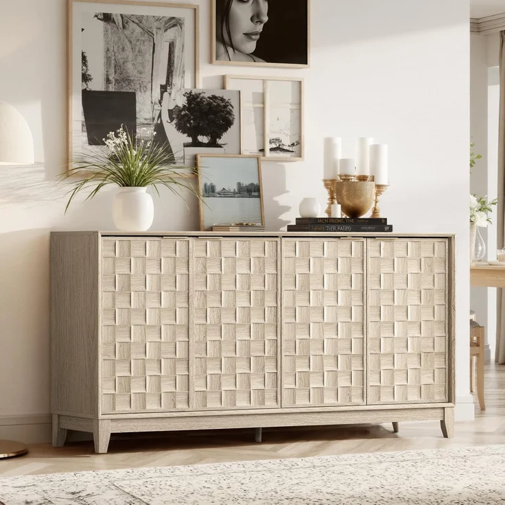 COLAMY Sideboard mit Riffel-Optik und Stauraum – Massivholz Anrichte für das Esszimmer, Schrank-Konsole mit verstellbaren Regalböden, Walnuss-Optik, Mid-Century-Moderne Stil, Eiche Weiß – Bild 1