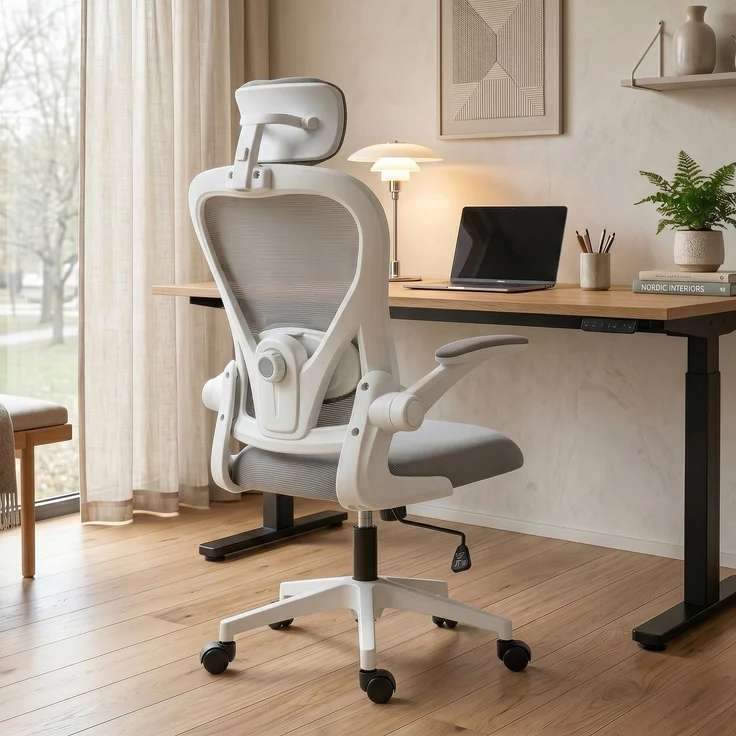 MELAYR, Bürostuhl Ergonomischer Schreibtischstuhl mit Hochklappbaren Armlehnen, 64 x 63 x 125 cm, Grau – Bild 4