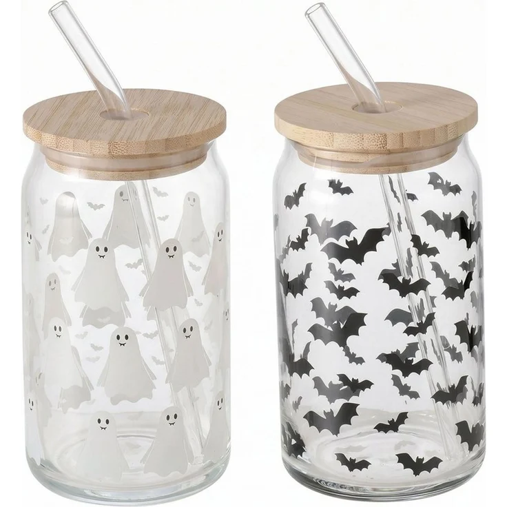 Levandeo® Glas, 2er Set Trinkglas 440ml Halloween Glas-Strohhalm Bambusdeckel – Bild 2
