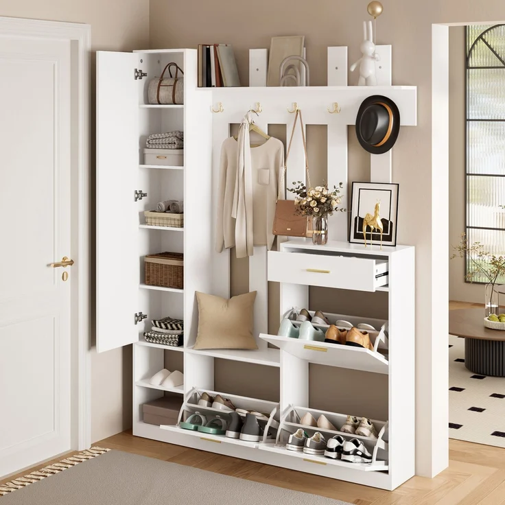 Garderoben-Set 133x23,5x180 cm mit Spiegel, 3 Schuhkippern und Schublade – Weiß – Bild 3