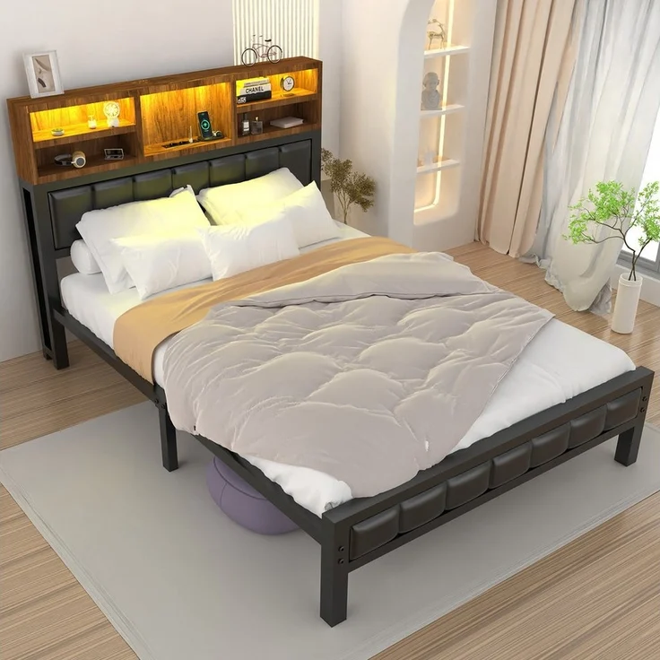 oyajia Polsterbett Doppelbett mit LED Licht 140x200cm,Stauraumkopfteil (Mit Lattenrost und Ladefunktion,PU-Leder material Polsterbett), Modernes Jugendbett, Leises Design Bett, Max. Belastbarkeit 200/272 kg – Bild 2