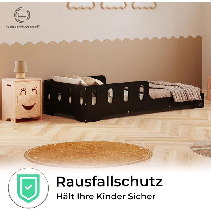smartwood Kinderbett 90x190 cm in Schwarz - Montessori Bodenbett mit Rausfallschutz & Lattenrost - Aus handbemaltem Sperrholz - Sicher für Jungen und Mädchen - Einfache Montage - TILA 6 – Bild 6