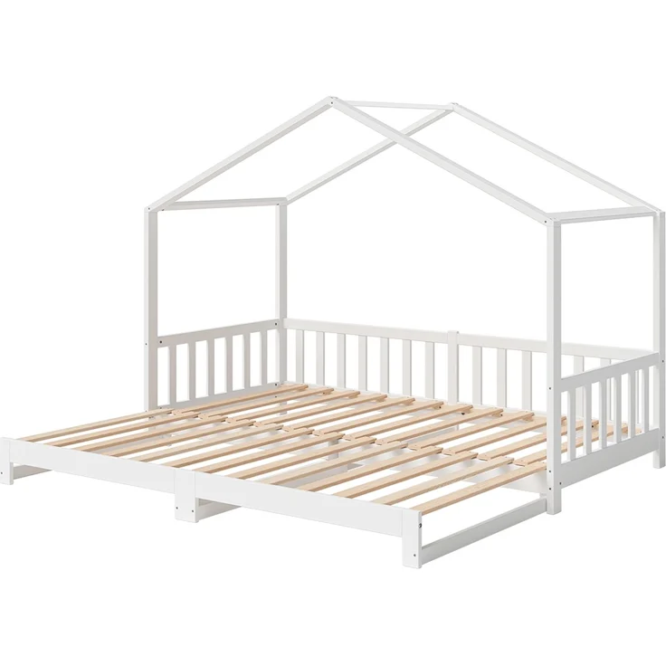 Bellabino 'Bia' Hausbett 90x200 cm/180x200 cm mit 2x 90x200 cm Matratze, weiß, Kiefer Massivholz, Bodenbett in Hausoptik, ausziehbares Kinderbett mit Lattenrost – Bild 2