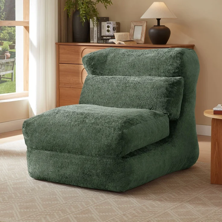 Multifunktionales, wandelbares Sofa, faltbarer Bodenliegestuhl, weiche Chenille-Füllung, ergonomischer Freizeitsessel--Helles Salbeigrün--90x118x86cm--YOUDENOVA – Bild 2