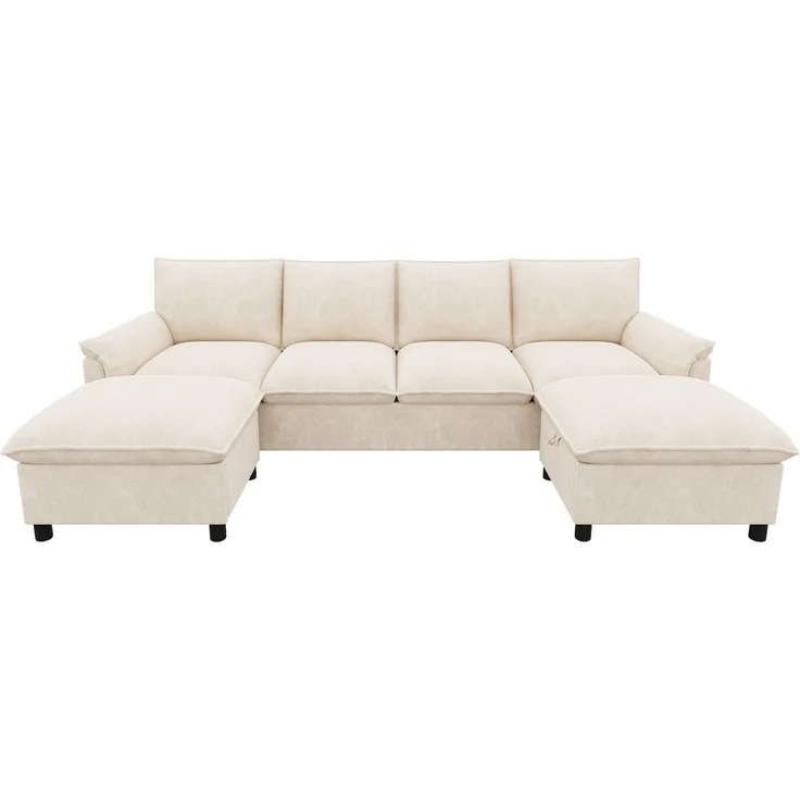 Merax U-förmiges modulares Sofa, bequemes Ecksofa mit Deep-Seat-Design, mit 2 beweglichen Fußhockern, hohe Rückenlehne, Chenille, Beige, B264.5/D142.5/H84 – Bild 8