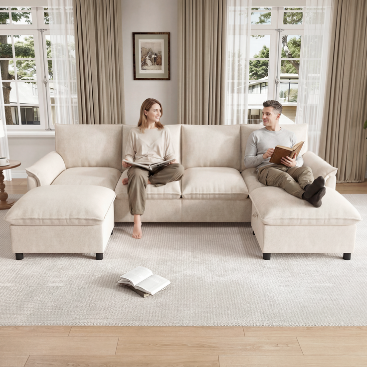 ZUBALIYA Modulare Wohnlandschaft, mit Stauraum, modular kombinierbar, mit Hocker, H 84 × T 142.5 × B 264.5 cm, Beige, Chenille – Bild 5