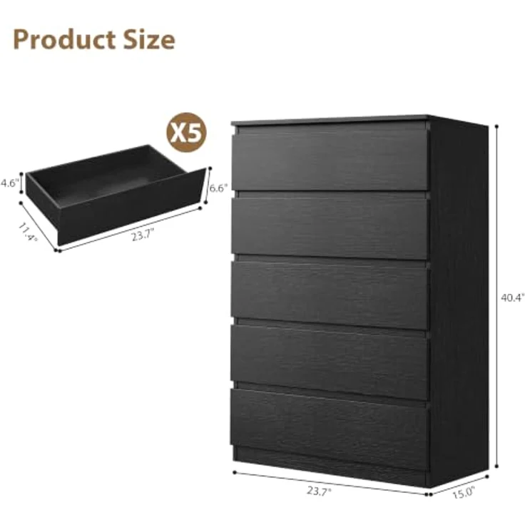 Jocoevol Kommode mit 5 Schubladen für Schlafzimmer, 60 x 39 x 100 cm, Modernes Schlichtes Design, Holzkommode mit tiefen Schubladen, für Wohnzimmer, Flur oder Eingangsbereich, Schwarz – Bild 2