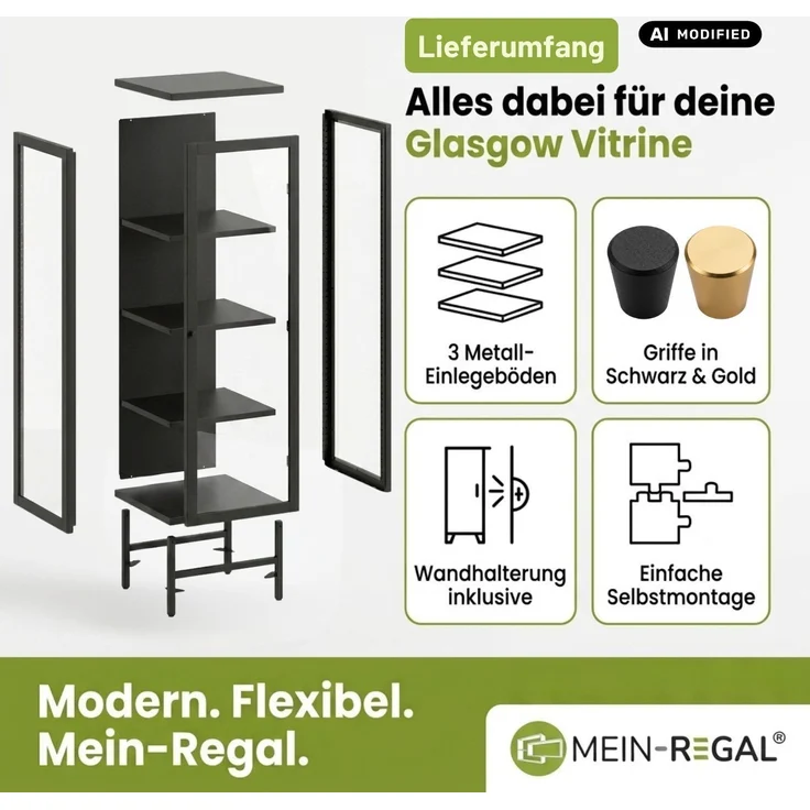 Mein-Regal Eckvitrine Glasgow aus Metall mit 2 Glaswänden & 1 Glastür Schwarz 40x40x170 cm – Bild 7
