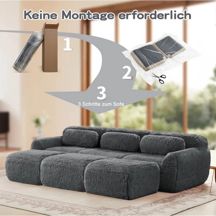 DESVIAE Sofa modular und rahmenlos aus Plüsch, Grau, 291 x 179 x 73 cm – Bild 5