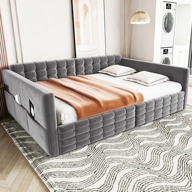 EINHOM Polsterbett Schlafsofa 140 x 190 cm, Klassisches Vollflächiges Karomuster, Staufächer an den Bettseiten, Zwei Schubladen unter dem Bett, Gäste oder als Einzelbett, Samtstoff, 140 x 190 cm, Grau, (Ohne Matratze) – Bild 3