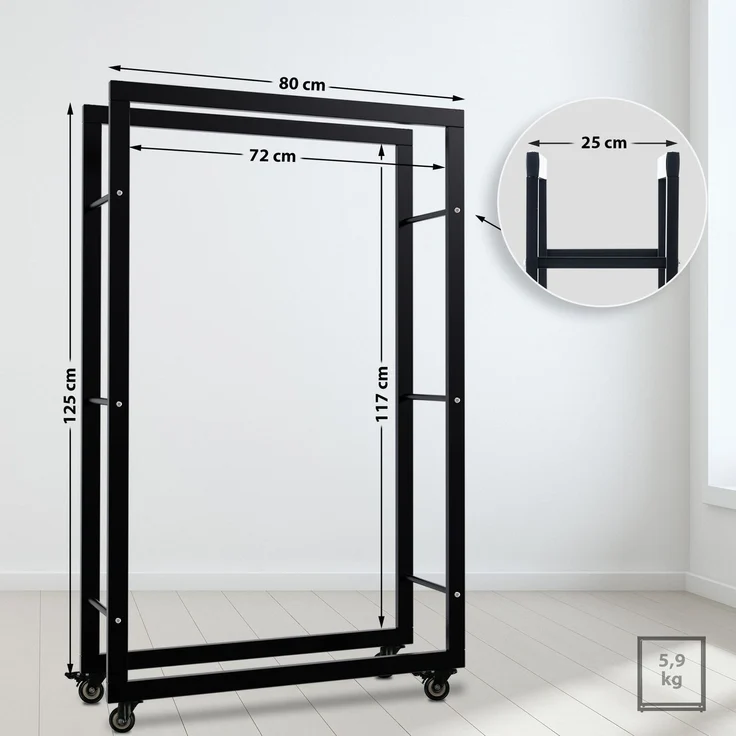 DELUKE® Kaminholzregal innen Metall SATLO - mit Rollen Brennholzregal innen Kaminholzständer Kaminholzhalter Feuerholzregal Innen Schwarz, 25x80x125cm – Bild 3