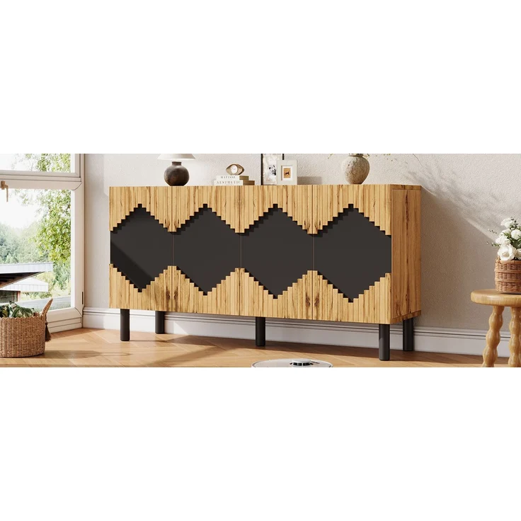ZUBALIYA Sideboard 140x40x70 cm, mit 2 Türen, aus MDF / Spanplatte, Natur / Schwarz – Bild 12