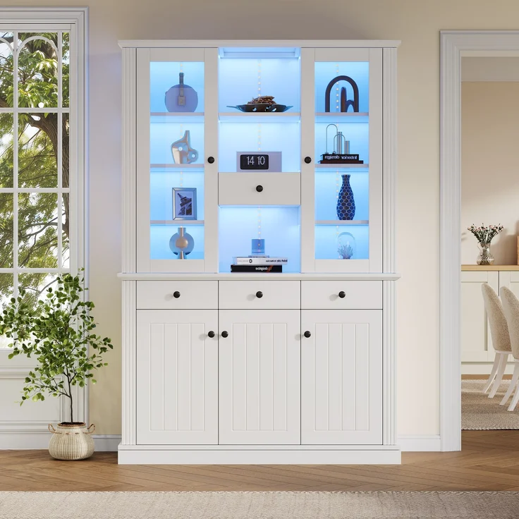 N625P293053054055W)119,5*40*180cm Vitrine, Standvitrine mit 4 Schubladen, Vitrinenschränke mit LED,Wohnzimmerschrank , Schrank mit 4 Schubladen und 5 Türen,Großer Schrank mit 21 Ablagefächern,MDF – Bild 1