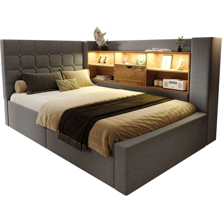 Polsterbett 90x200 cm Einzelbett mit LED-Beleuchtung, hydraulischem Stauraum, L-förmigem Kopfteil mit Stauraum, beidseitig montierbar, Grau – Bild 5