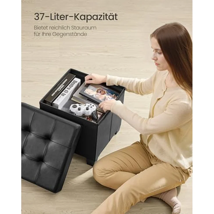 SONGMICS Sitzhocker mit Stauraum, kleine klappbare Sitzbank, 38 x 38 x 40 cm Fußbank, Aufbewahrungsbox, bis 300 kg belastbar, für Wohnzimmer Schlafzimmer Schlafsaal, Schwarz LSF0512B02 – Bild 6